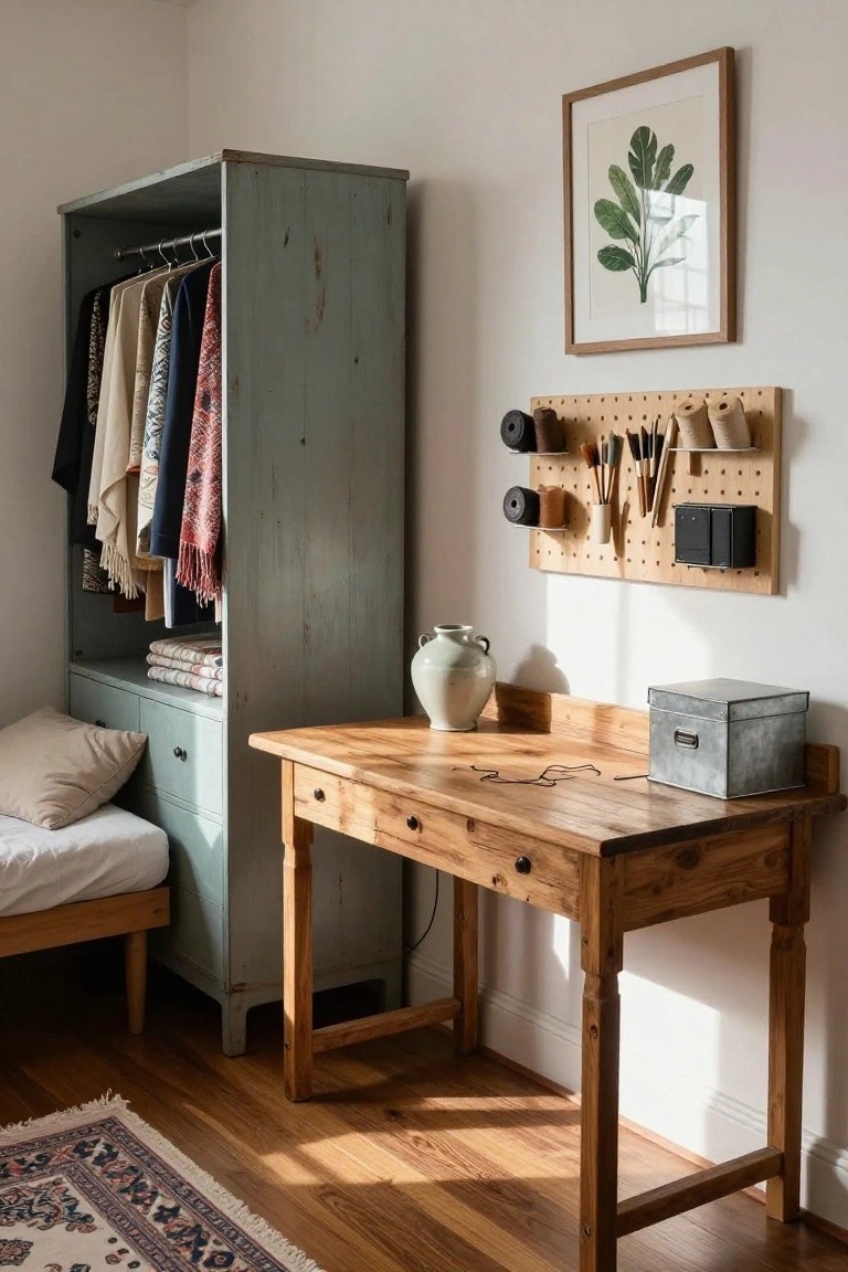 A wooden desk sits against a white wall with a pegboard above it holding craft supplies, next to an open blue-green armoire filled with clothing and folded linens.