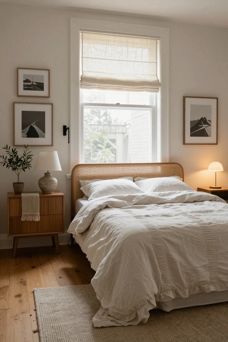 A bedroom featuring a wooden bed with white rumpled bedding, a wooden nightstand with a lamp and plant, framed black and white art on the walls, and a window with a rolled-up blind.