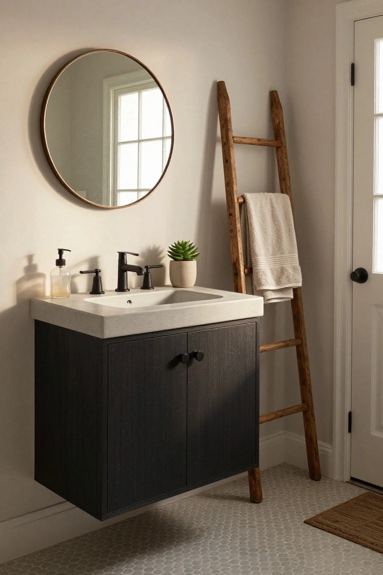 A bathroom with a floating dark wood vanity, white countertop, black faucet, round mirror on the wall, and a rustic wooden ladder holding a folded towel.