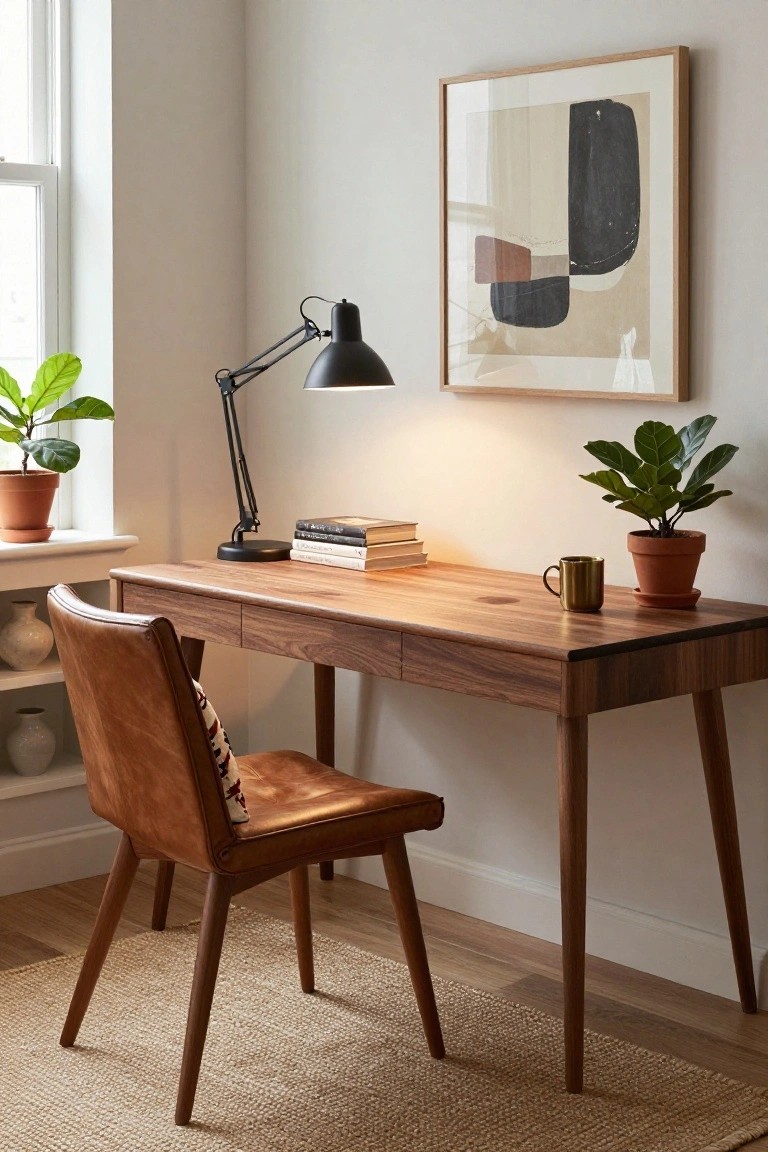 Wooden desk with leather chair, black lamp, books, plants, and abstract wall art