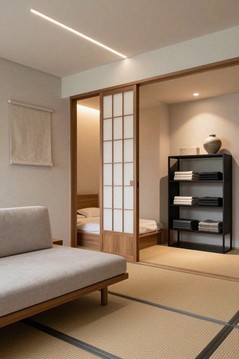 Minimalist Japanese room with tatami mats, open shoji doors, sofa, and linen shelves.