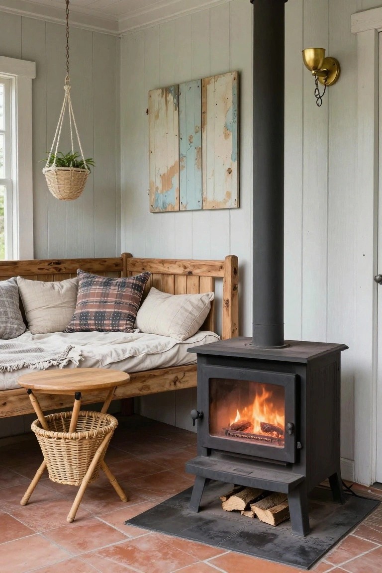 A black wood-burning stove with a visible fire sits on a dark tile hearth beside a wooden bench with pillows in a room with light green walls.