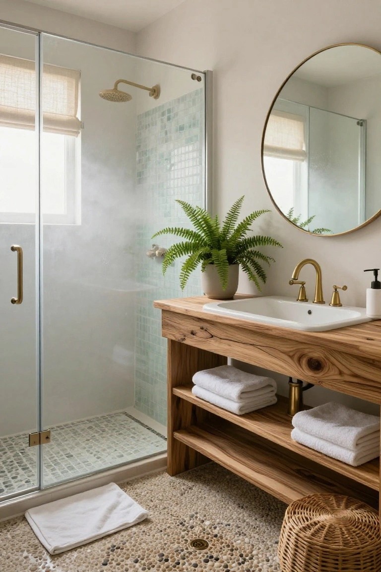 A bathroom with a rustic wooden vanity holding a white undermount sink, brass faucet, round mirror, and open shelves stacked with white towels next to a glass shower on a pebble floor.