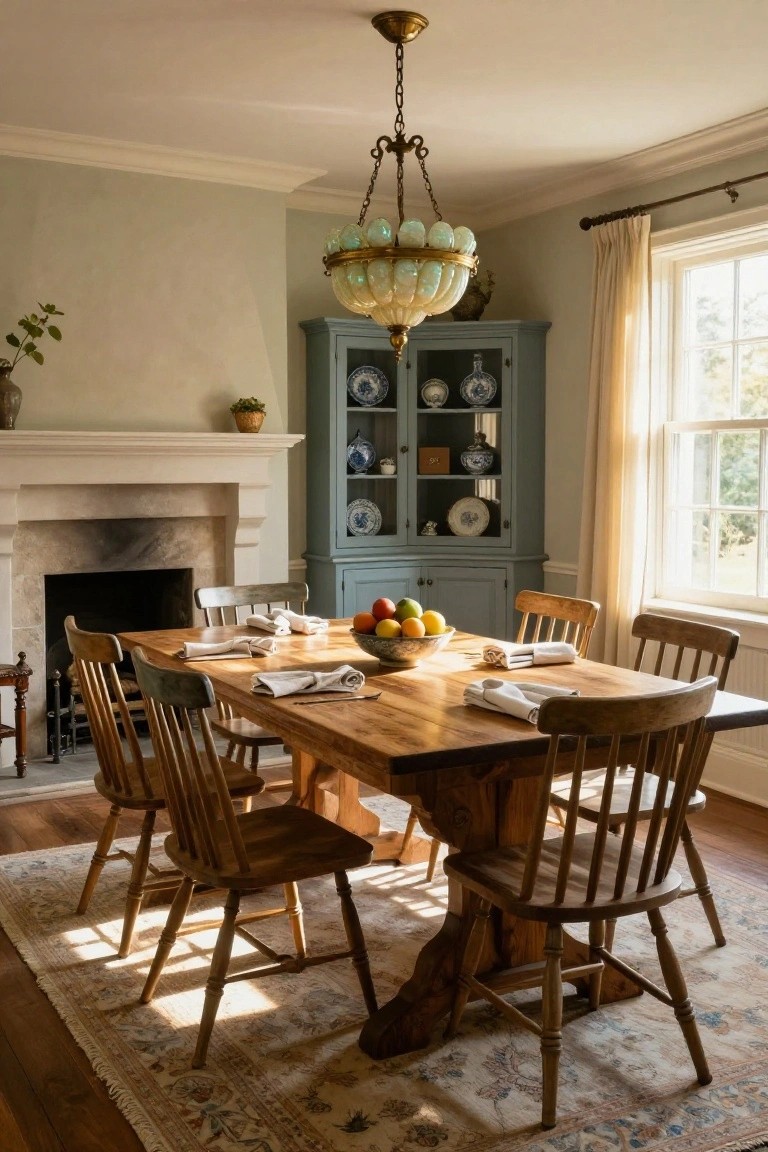 A rustic wooden dining table with spindle-back chairs sits on a patterned rug in a traditional dining room with a blue hutch and fireplace.