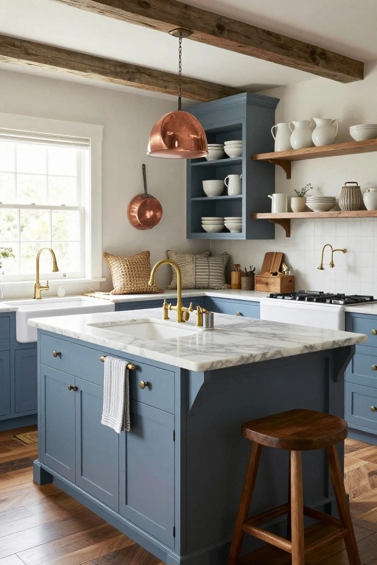 A kitchen interior featuring blue painted cabinets, a large marble-topped island with an integrated sink, brass fixtures, and a copper pendant light.