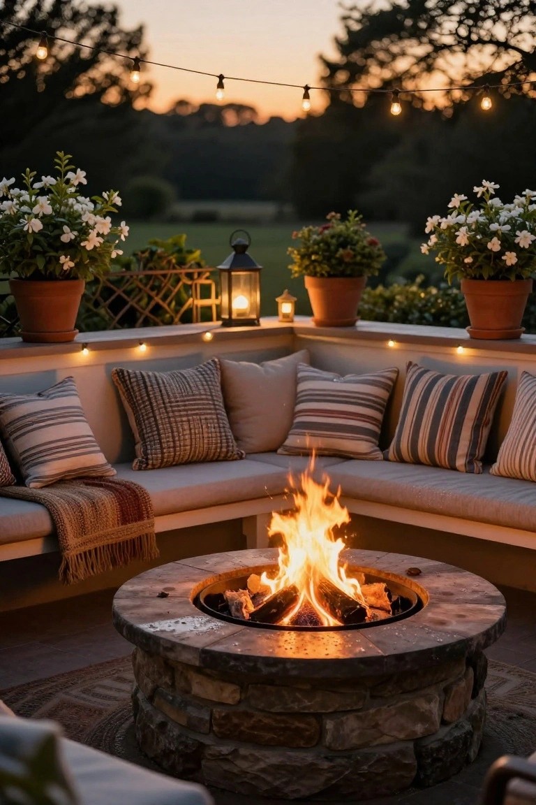 A round stone fire pit with active flames is positioned in front of a curved outdoor sofa with multiple pillows, potted white flowers on the ledge, and string lights overhead at dusk.