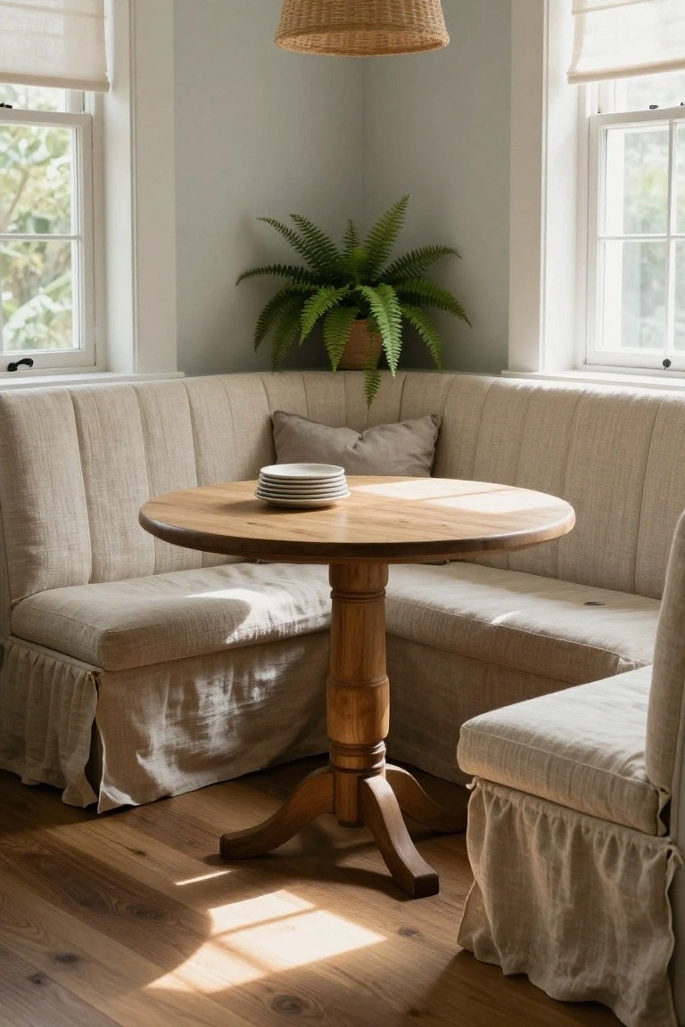 A round wooden pedestal table with stacked white plates sits before an L-shaped beige upholstered banquette beneath two windows, with a potted fern in the corner.