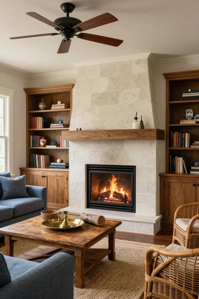 A living room featuring a large stone fireplace with a wooden mantel, flanked by wooden built-in bookshelves filled with books, a ceiling fan overhead, and blue upholstered seating around a wooden coffee table.