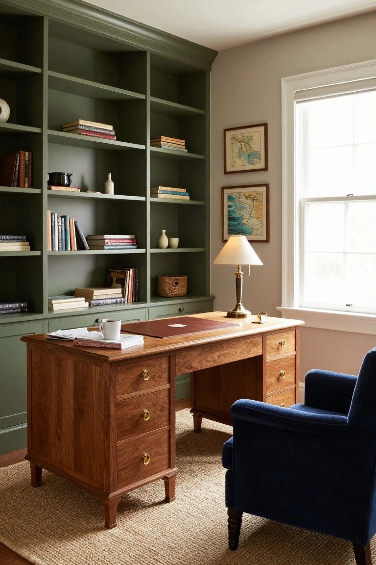 A home office featuring a wooden desk positioned in front of green built-in bookshelves filled with books and decor, with a blue upholstered chair to the right and a window letting in natural light.