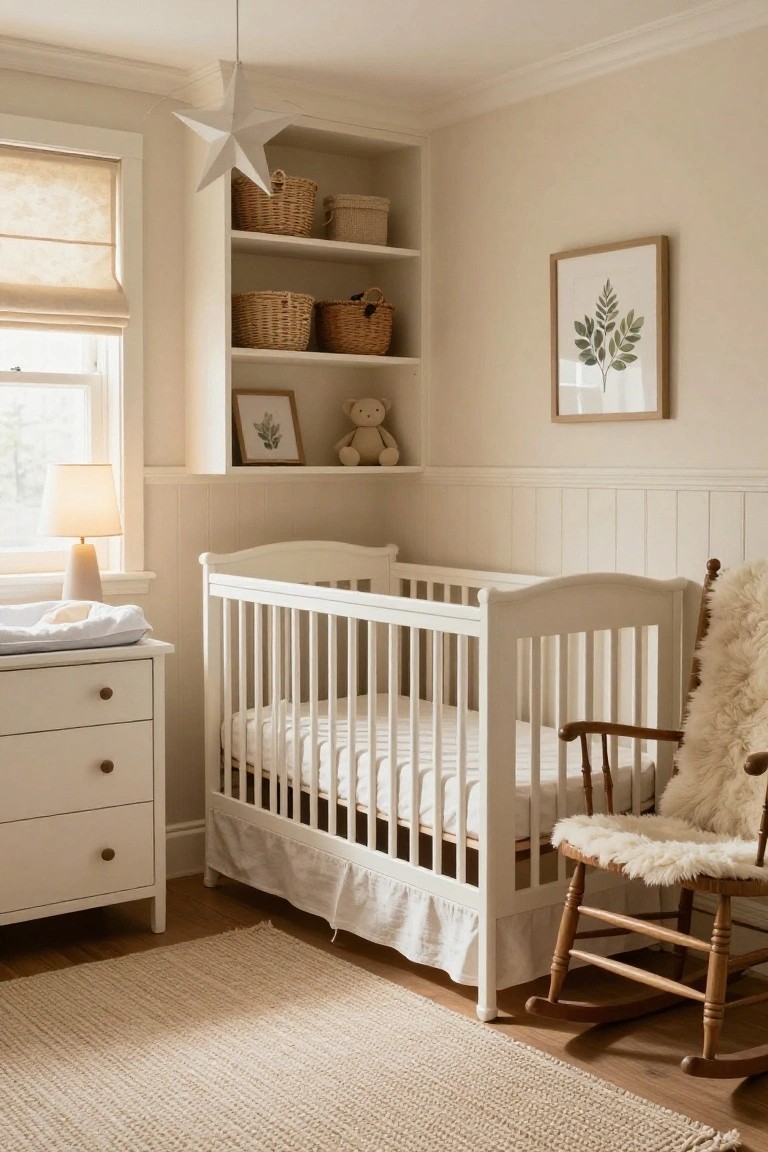 A white crib sits under built-in corner shelves holding woven baskets in a neutral nursery with a wooden rocking chair to the right.