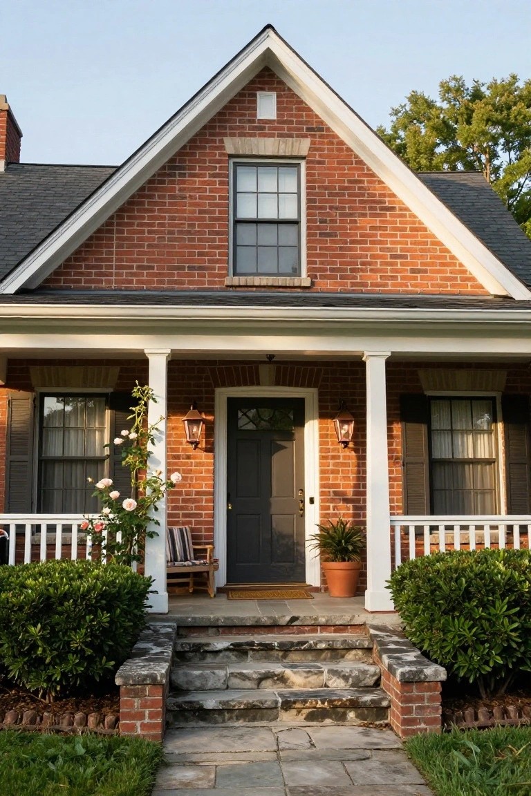 A red brick house exterior with a centered dark gray front door under a white-trimmed gable, flanked by two lanterns and white porch columns.