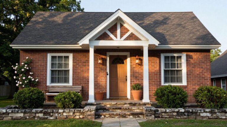 A red brick house exterior with a centered dark gray front door under a white-trimmed gable, flanked by two lanterns and white porch columns.