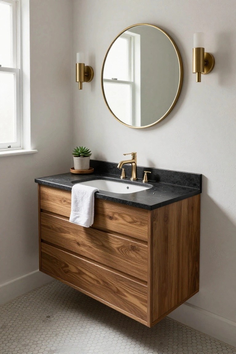 A floating wood bathroom vanity with three drawers, dark stone countertop, white sink, and brass faucet, set below a round mirror with wall sconces on each side.