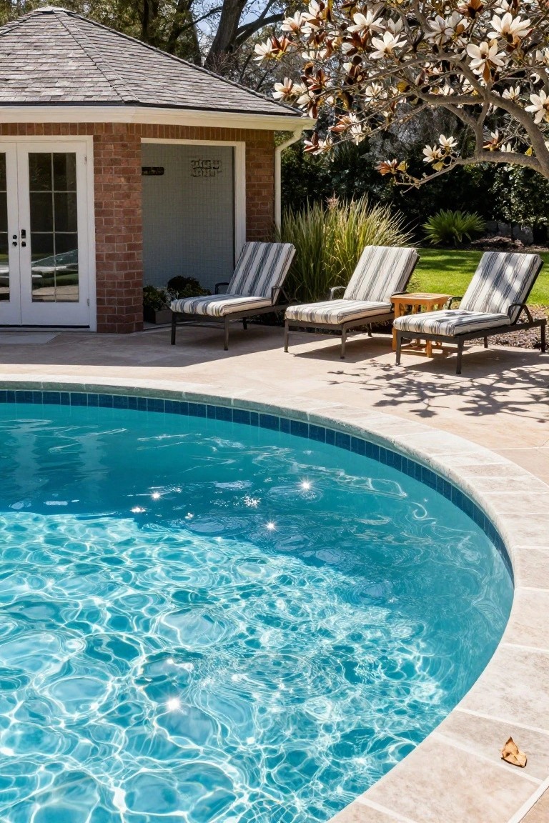 A curved in-ground pool with blue water and three striped lounge chairs arranged on the stone patio beside a brick building.