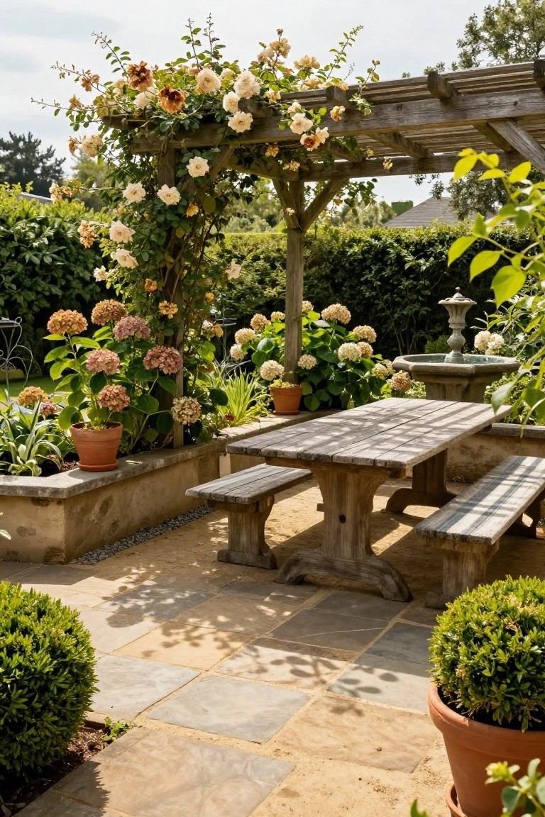 A wooden picnic table and benches sit under a pergola covered in climbing roses on a stone patio, with hydrangeas, potted plants, and a small fountain nearby.