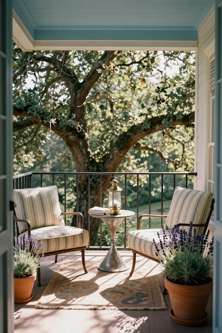 Two striped armchairs sit on a wooden porch with a small metal table and lantern between them, flanked by potted lavender plants and overlooking trees.