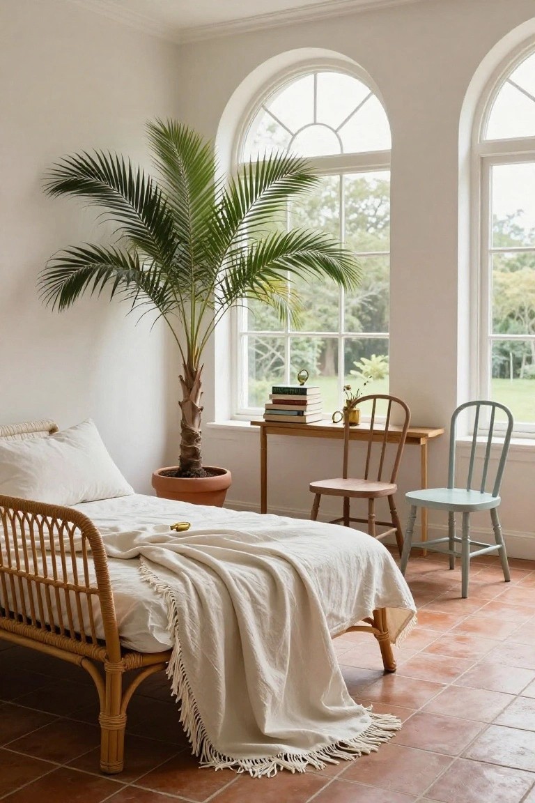 A bedroom interior with a rattan bed dressed in white linens, a large potted palm plant, a wooden table with two wooden chairs, arched windows, and terracotta tile floors.