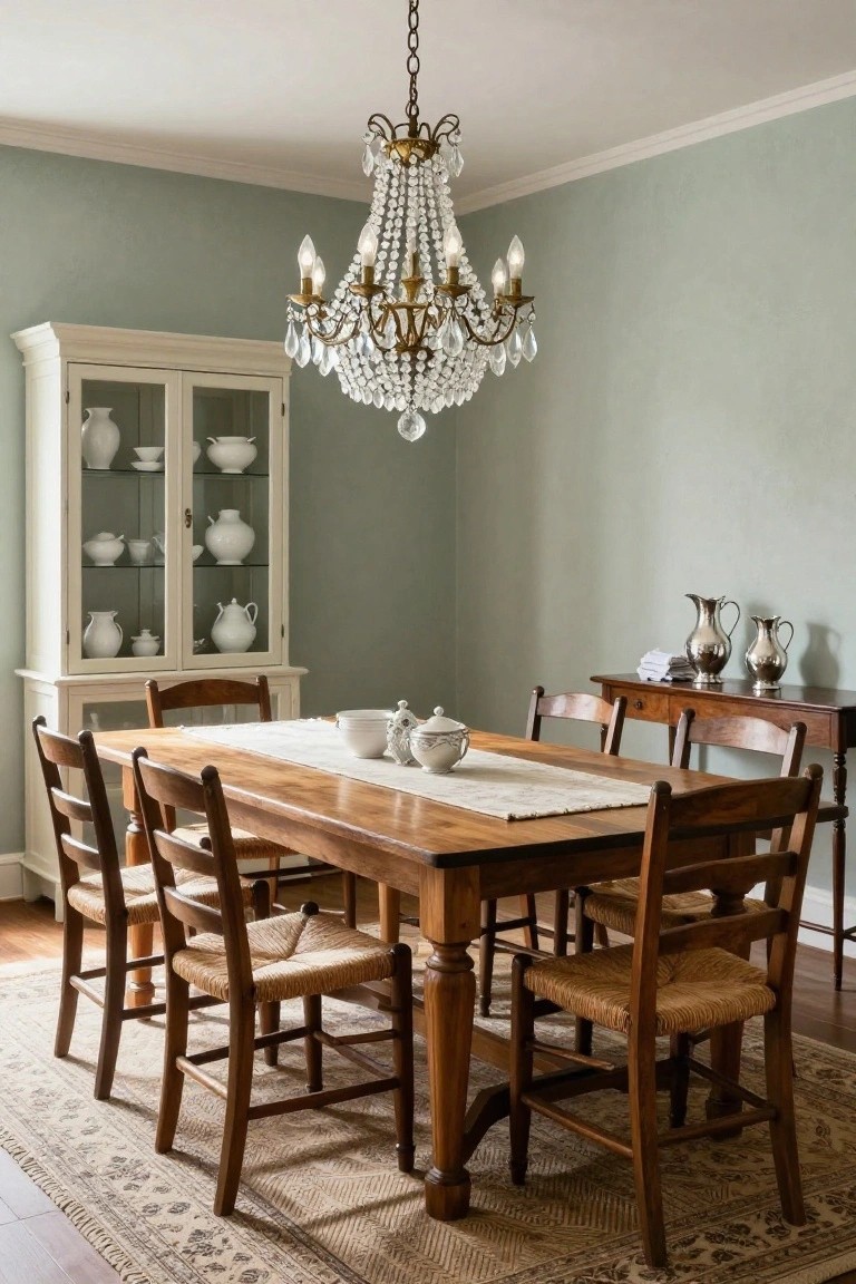 A dining room featuring a long wooden table with woven seat chairs, a crystal chandelier overhead, and a white hutch against a green wall.