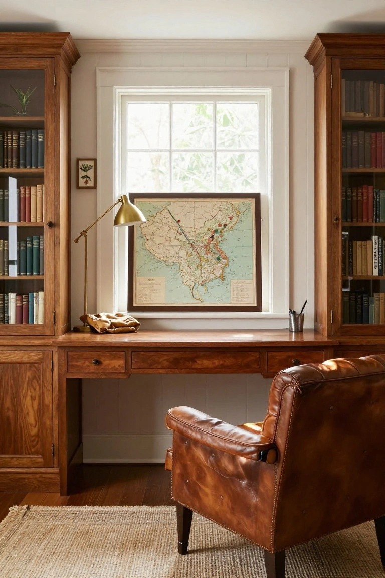 A wooden desk is built between two tall matching bookcases beneath a window, with a brown leather chair pulled up to the desk and a large framed map hanging on the wall.
