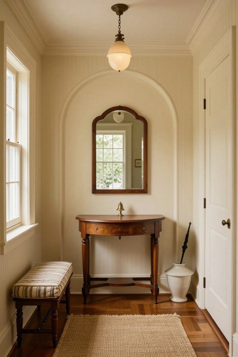 A narrow interior hallway with white beadboard walls shows an arched niche holding a wooden console table and mirror, a striped bench on the left, and a white door on the right.