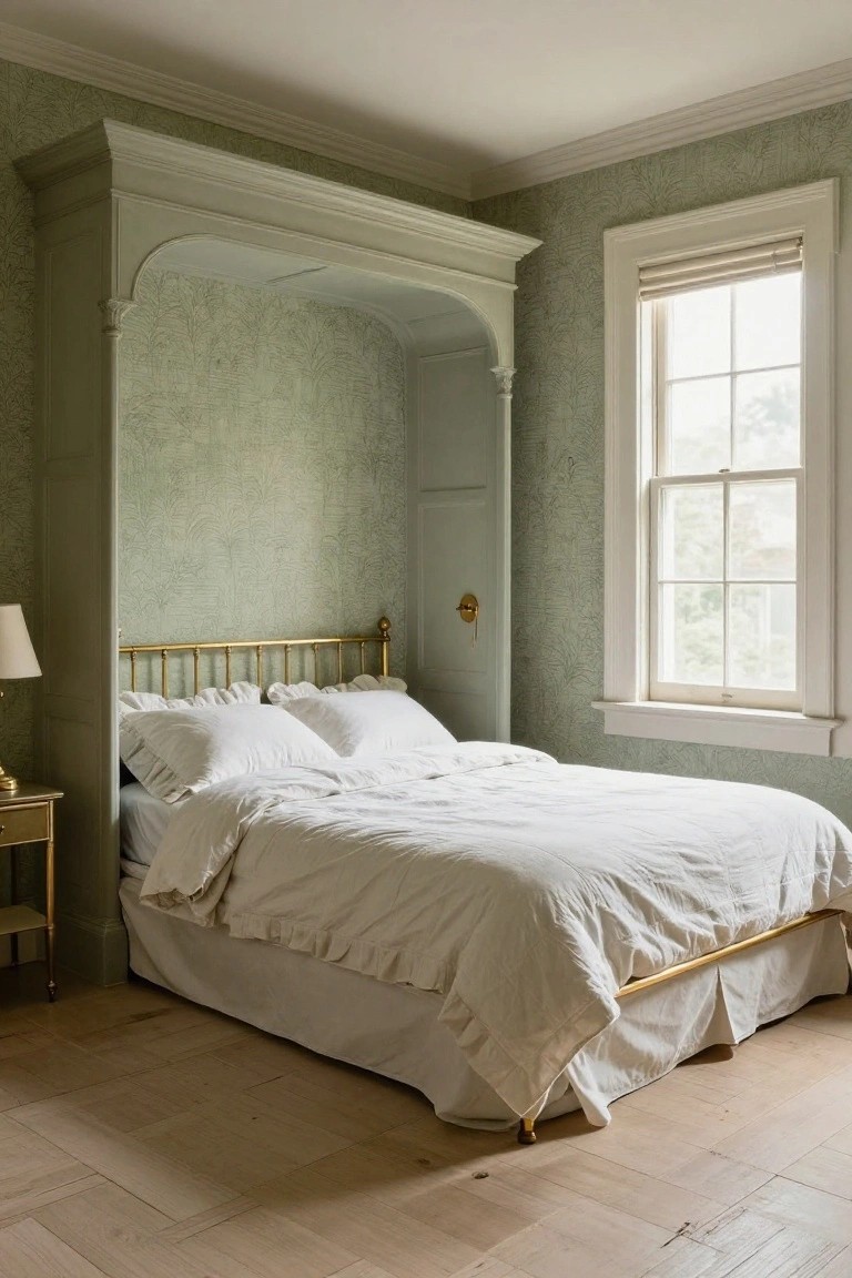 A bedroom with a white bed placed inside a recessed alcove lined with light green patterned wallpaper and white architectural trim, next to a window.