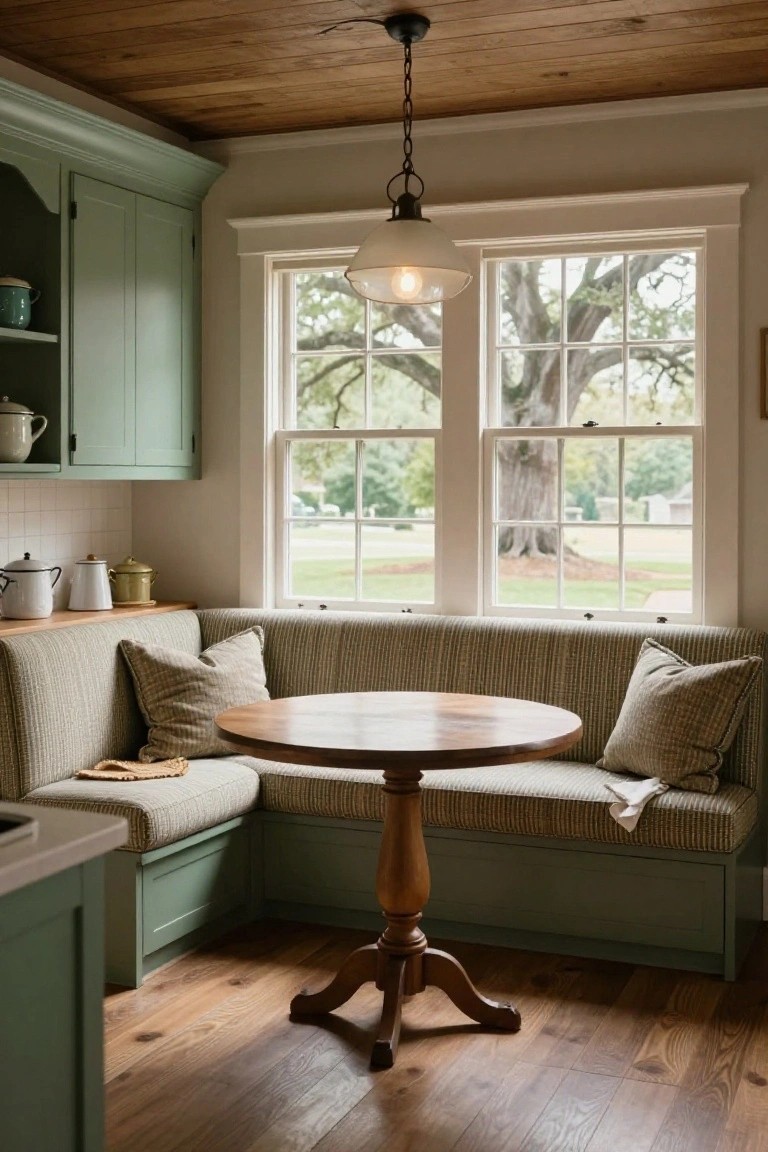 A corner kitchen nook with a green built-in banquette, striped cushions, a round wooden table, and two large windows overlooking trees.