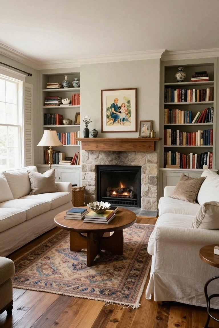 A living room interior featuring a stone fireplace with built-in bookshelves on either side, white sofas, a round wooden coffee table, and a patterned area rug.