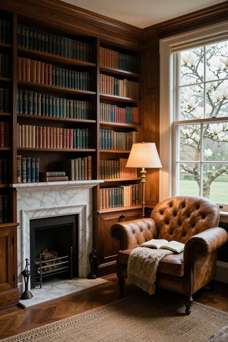 Interior view of a wood-paneled room with built-in bookshelves flanking a white marble fireplace, a brown leather armchair beside a floor lamp, and a large window on the right.