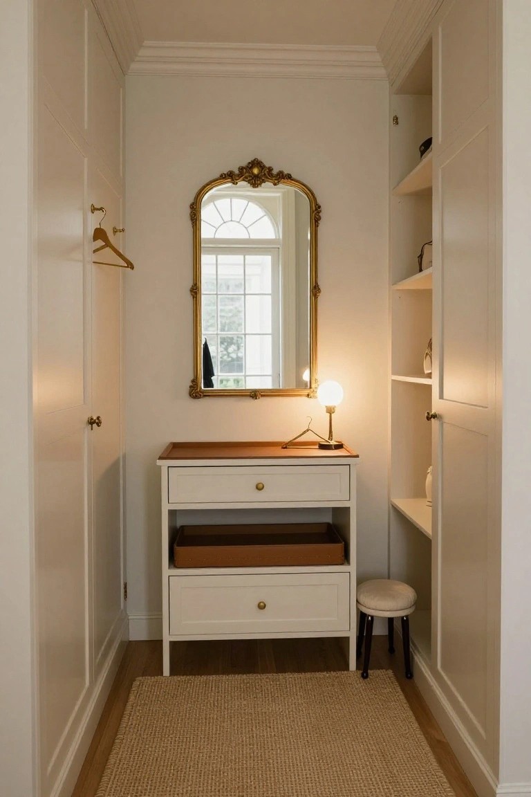 A narrow interior space featuring white built-in cabinets and open shelves on both sides, a central white vanity with two drawers and an open shelf, an ornate gold-framed mirror above the vanity, and a small upholstered stool.