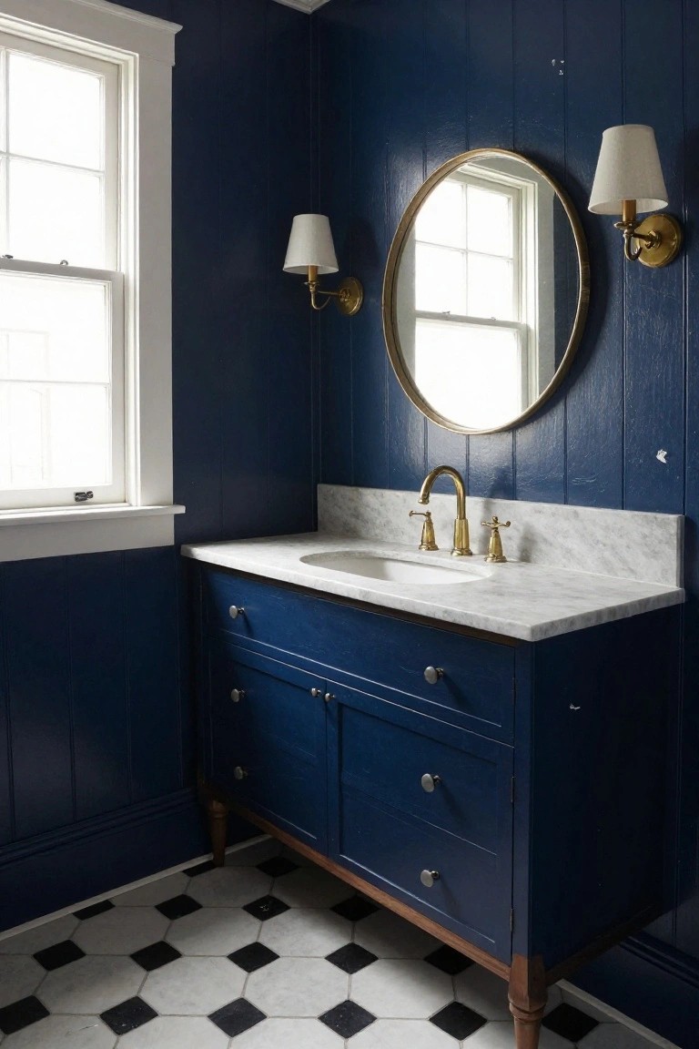 A bathroom with deep blue walls and vanity, white marble countertop, round gold mirror, and black and white tiled floor.