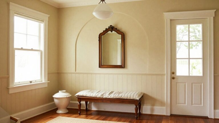 23 Refined Southern Home Interiors That Capture Classic Charm Beautifully A narrow interior hallway with white beadboard walls shows an arched niche holding a wooden console table and mirror, a striped bench on the left, and a white door on the right.