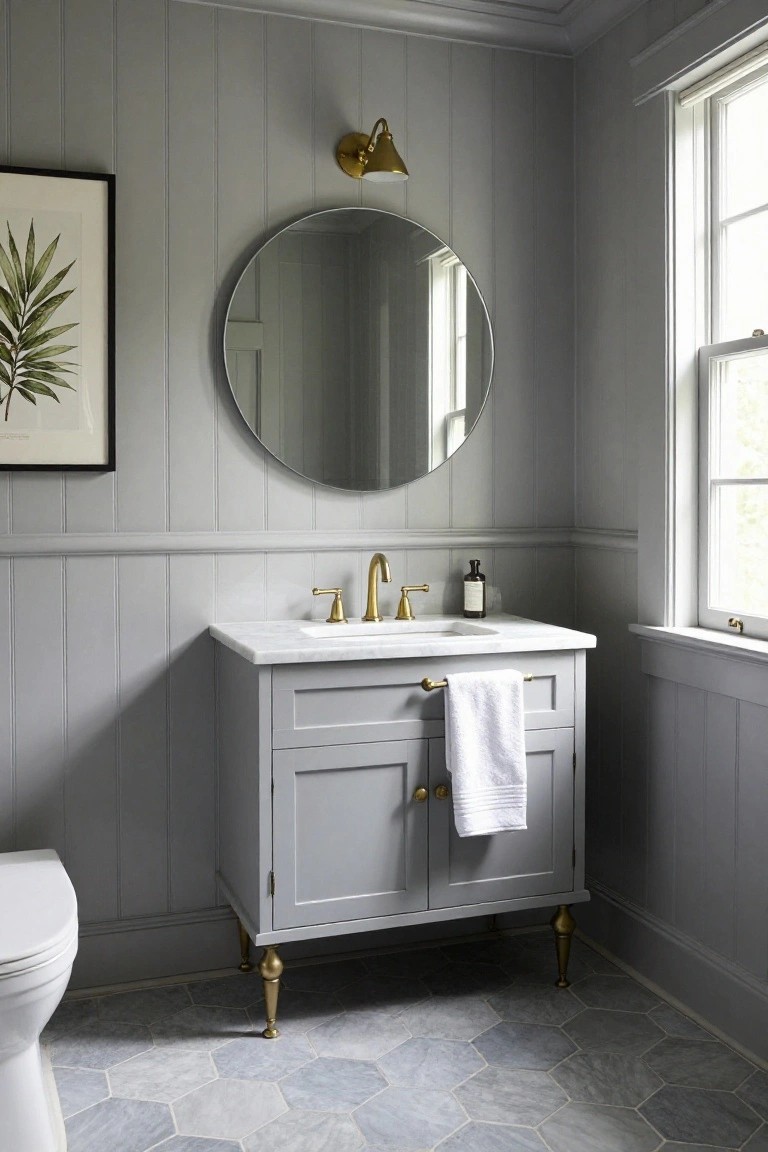 A gray bathroom vanity with marble top, gold legs, and brass fixtures sits below a round mirror on gray paneled walls, with a window to the right and part of a toilet visible on the left.
