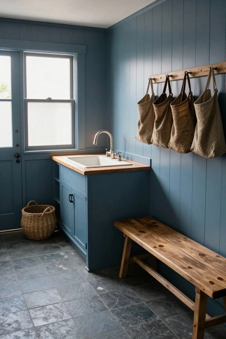 A blue-painted interior room with vertical wood paneling, a utility sink in a cabinet, a long wooden bench, and a peg rail holding several hanging bags.