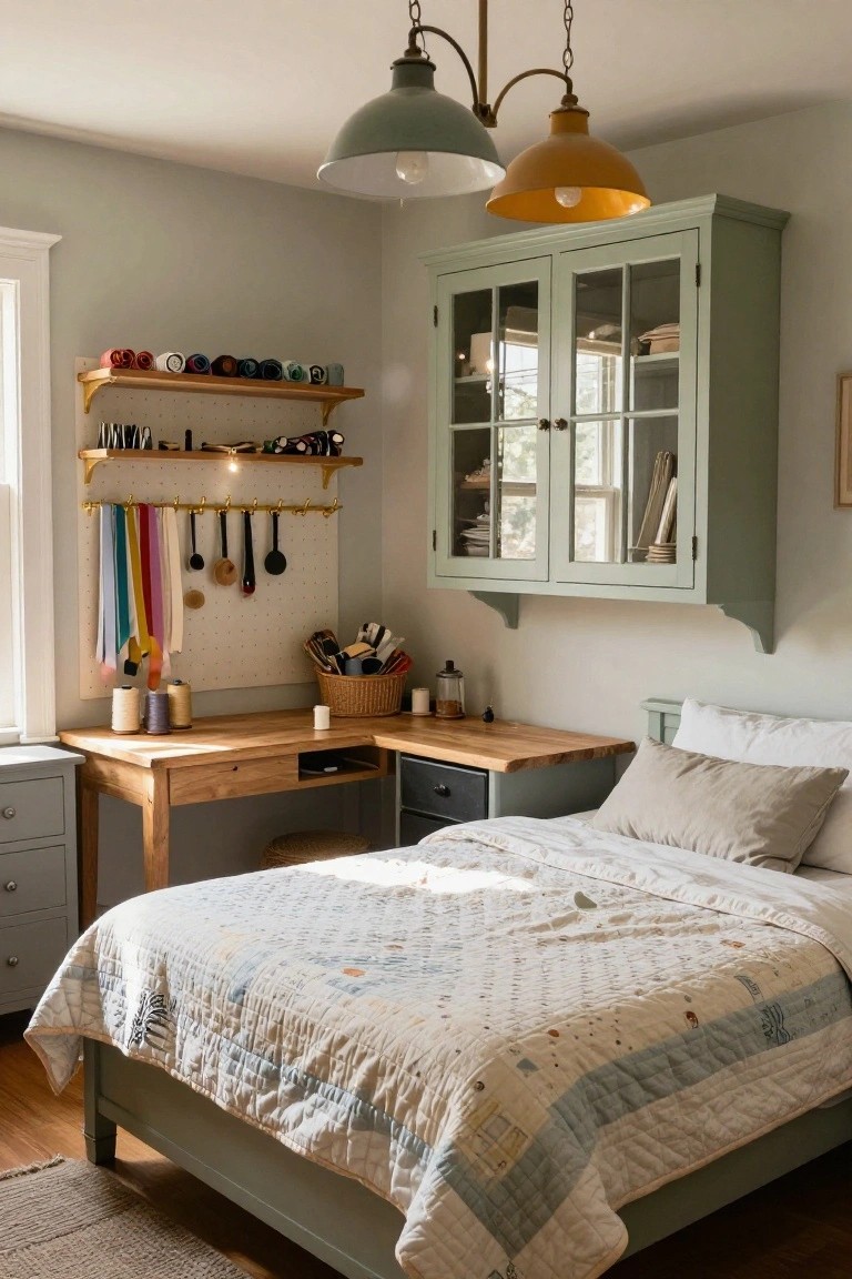 A bedroom corner showing a wooden desk placed beside a bed, with a pegboard holding colorful ribbons and tools mounted on the wall above it and a light green cabinet overhead.