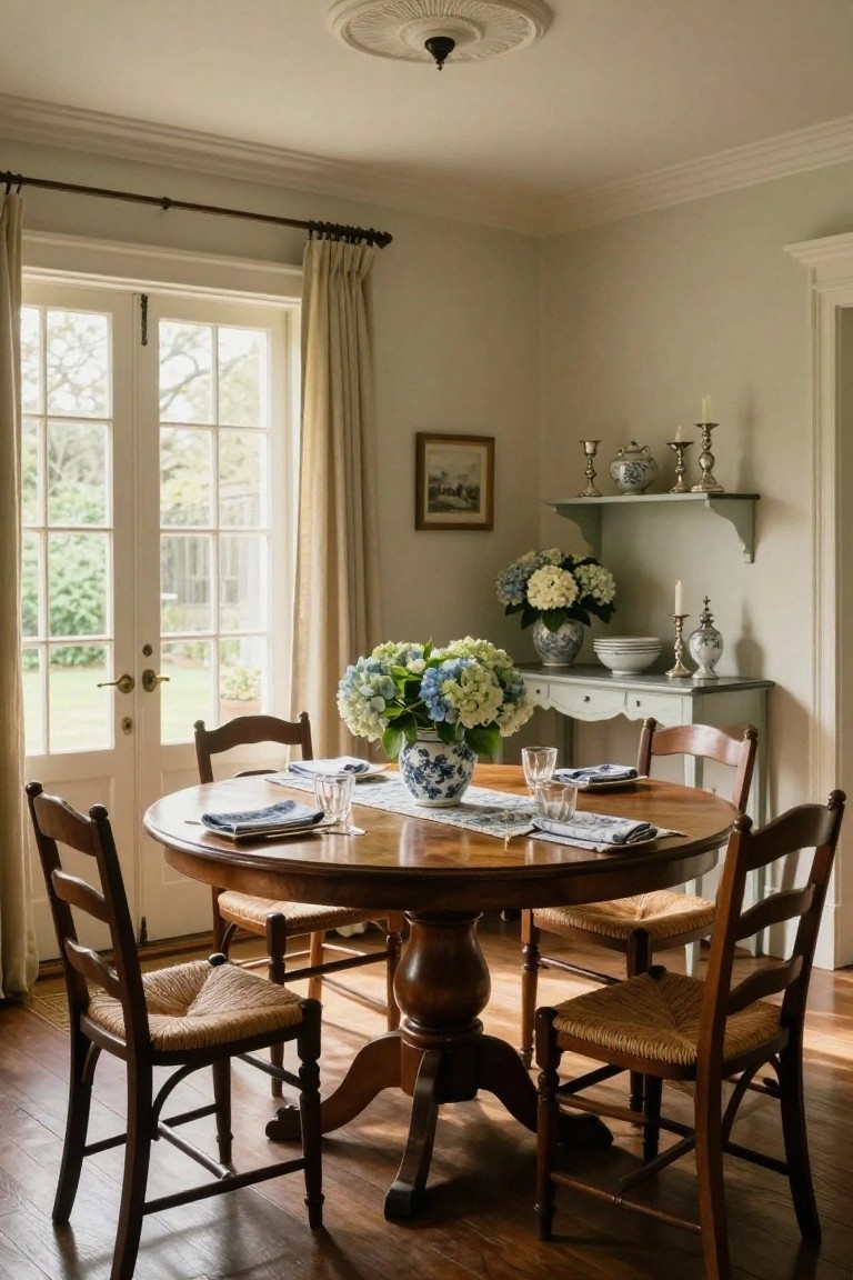 A dining room featuring a round wooden pedestal table with six ladder-back chairs, a blue and white vase of hydrangeas, and French doors with curtains on the left wall.