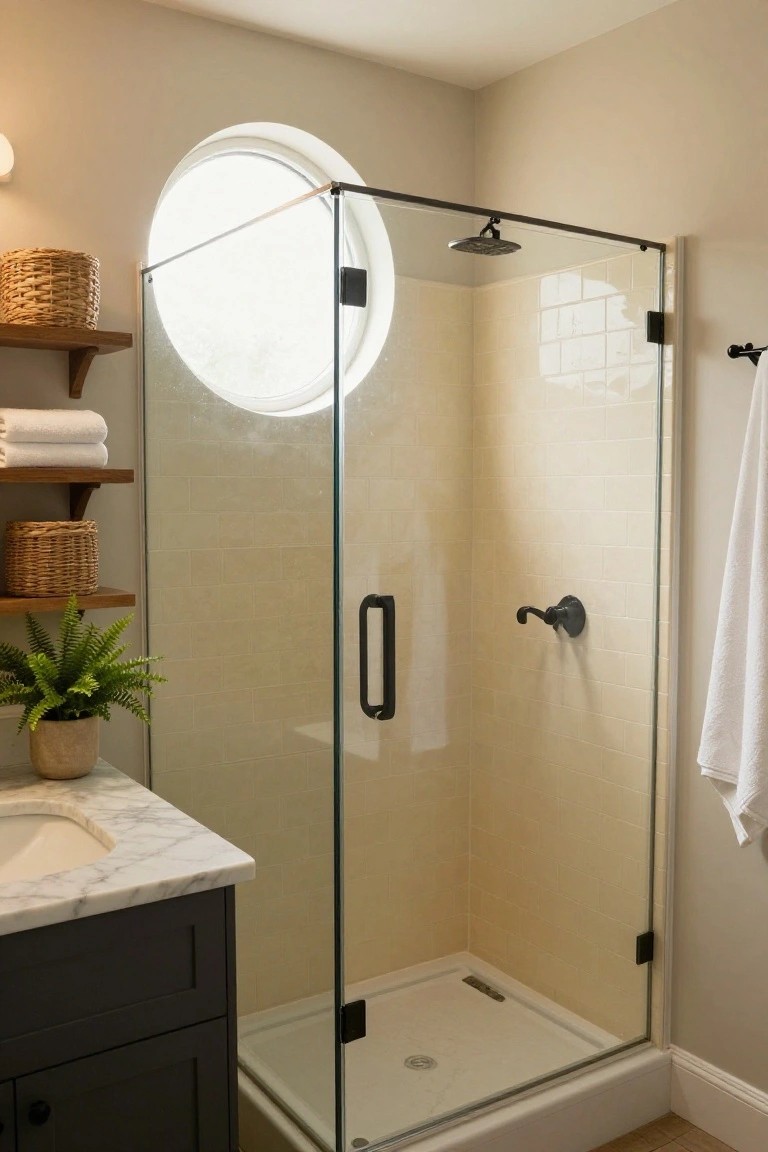 A bathroom interior showing a glass shower with beige subway tiles, black hardware, a round window, and an adjacent marble vanity with dark cabinetry.
