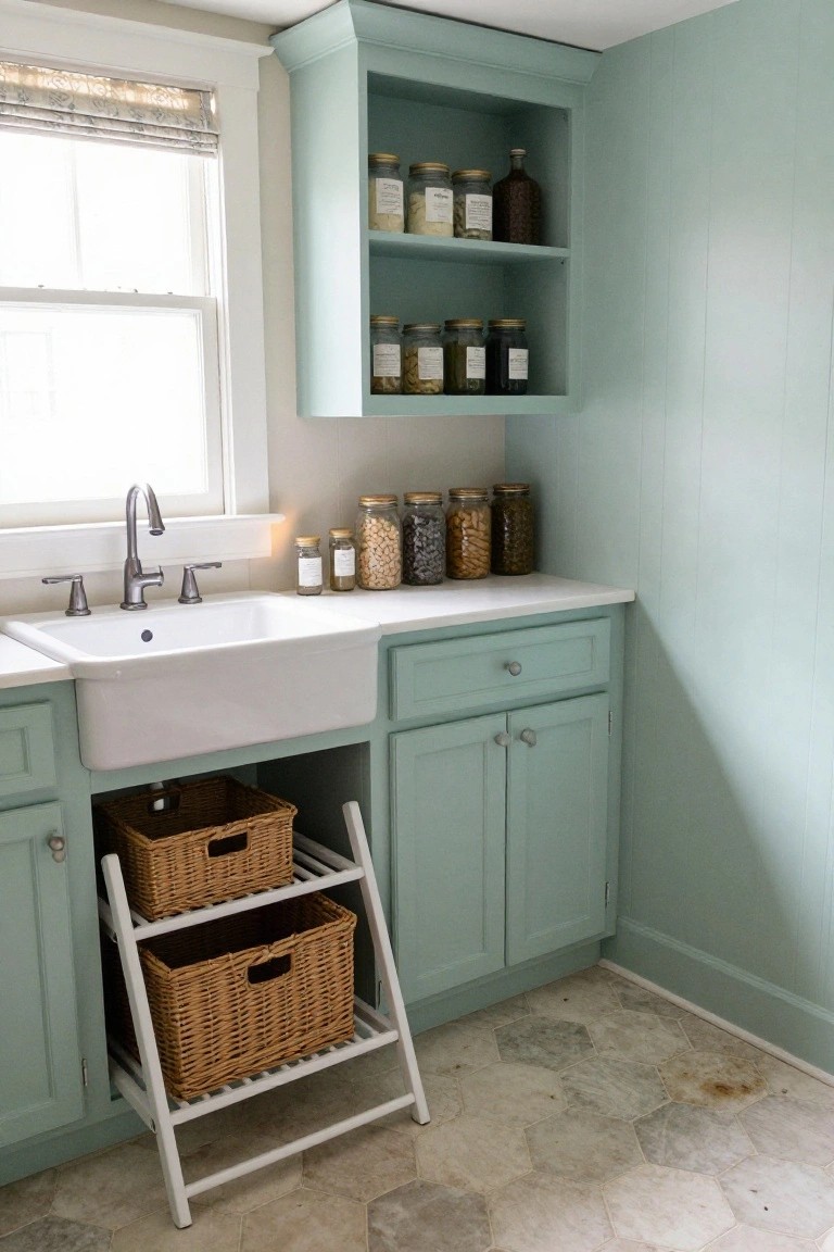 A utility area with a white farmhouse sink set into light blue-green painted cabinetry, open shelves holding glass jars, and a white drying rack holding two wicker baskets on a stone tile floor.