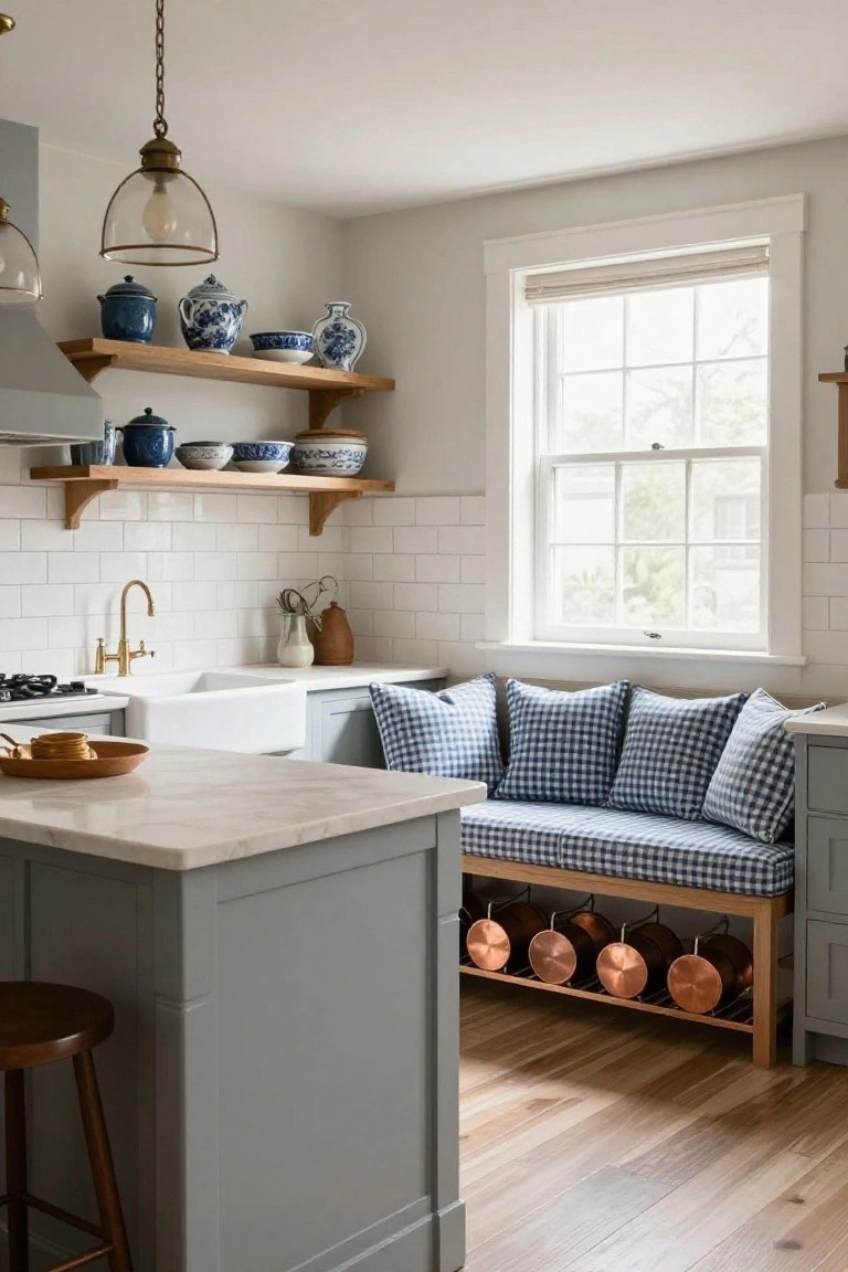A kitchen with gray cabinetry, a white farmhouse sink, open wood shelves, and a built-in wooden bench under a window holding blue gingham cushions with copper pots stored on racks below.