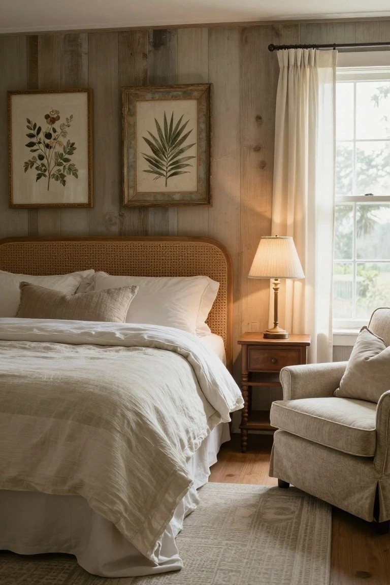 A bedroom interior with gray wood paneling, a rattan headboard, white bedding, two framed botanical prints above the bed, a wooden nightstand with a lamp, and an upholstered chair near a window with sheer curtains.