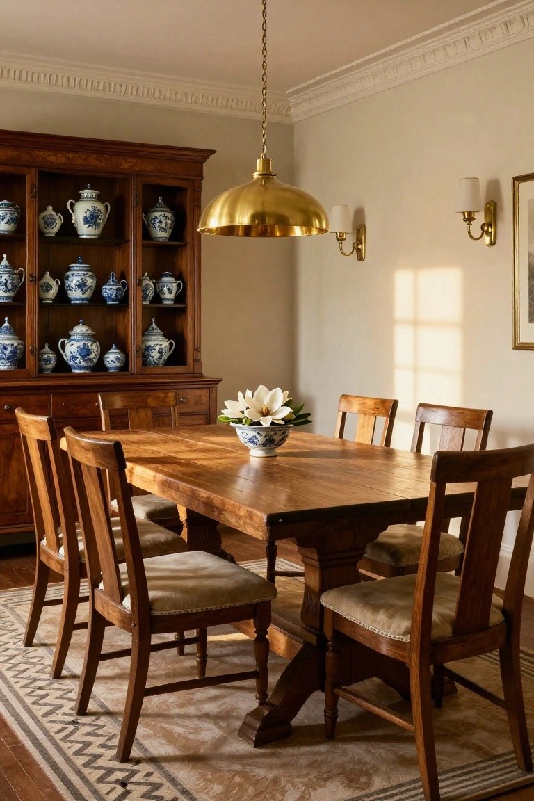 A dining room with a long wooden table, wooden chairs with upholstered seats, a china cabinet filled with blue and white porcelain, and a brass pendant light.