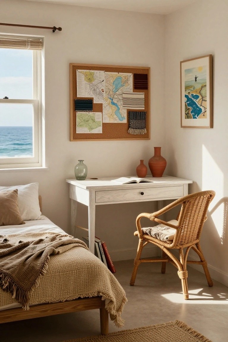 A bedroom with a white desk under a corkboard displaying maps and papers, a wicker chair beside it, and a window showing the ocean.
