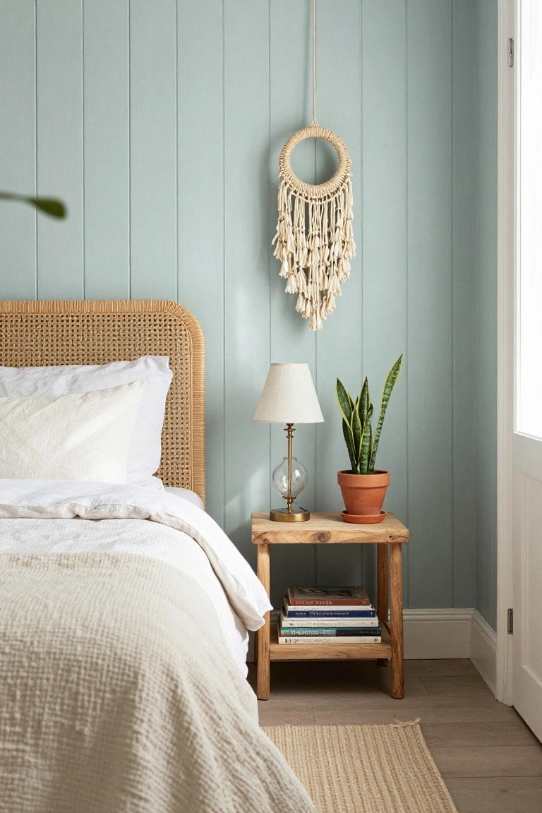 A bedroom corner showing a macrame circular wall hanging above a wooden nightstand with a lamp and snake plant, next to a bed with a rattan headboard and white bedding.