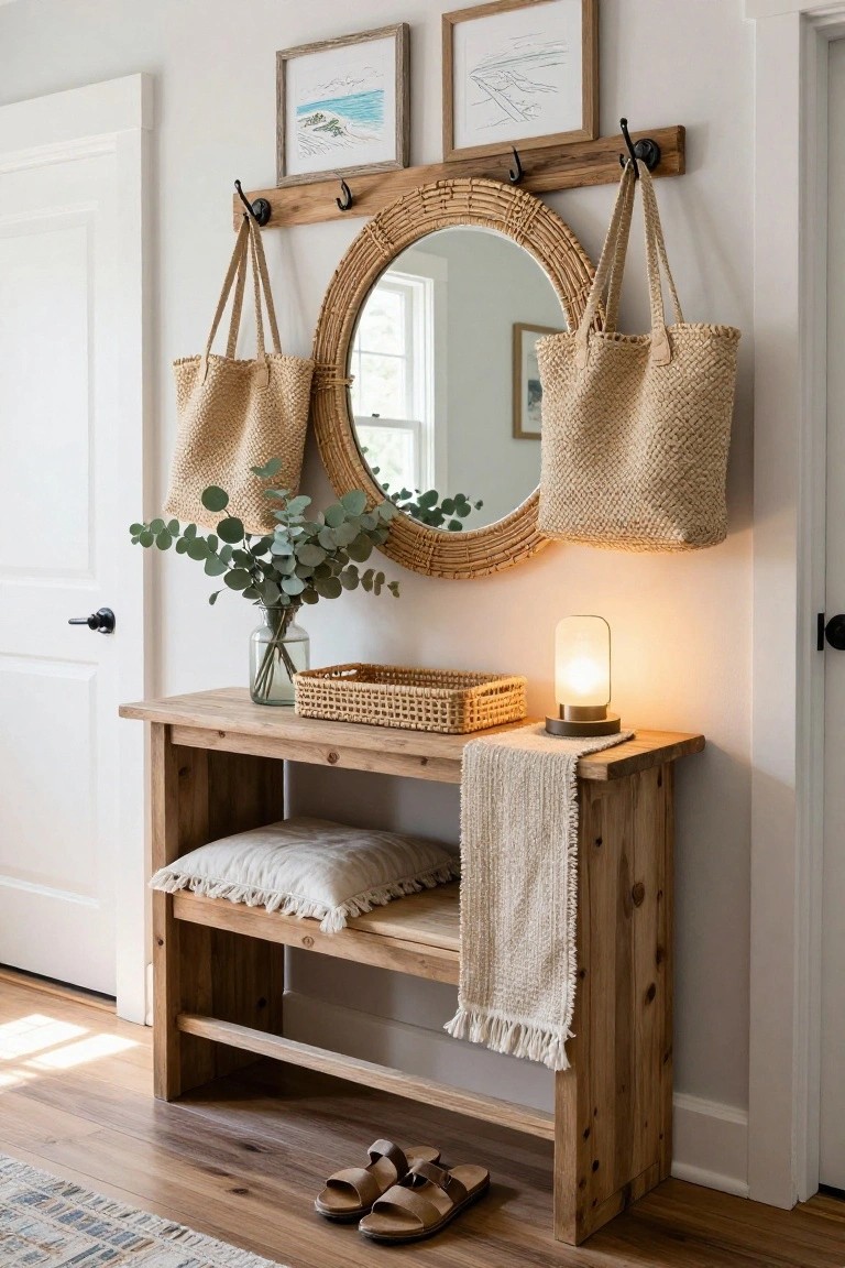 A wooden entry bench with a lower shelf and cushion sits below a round mirror, with woven bags hanging from wall hooks on either side.