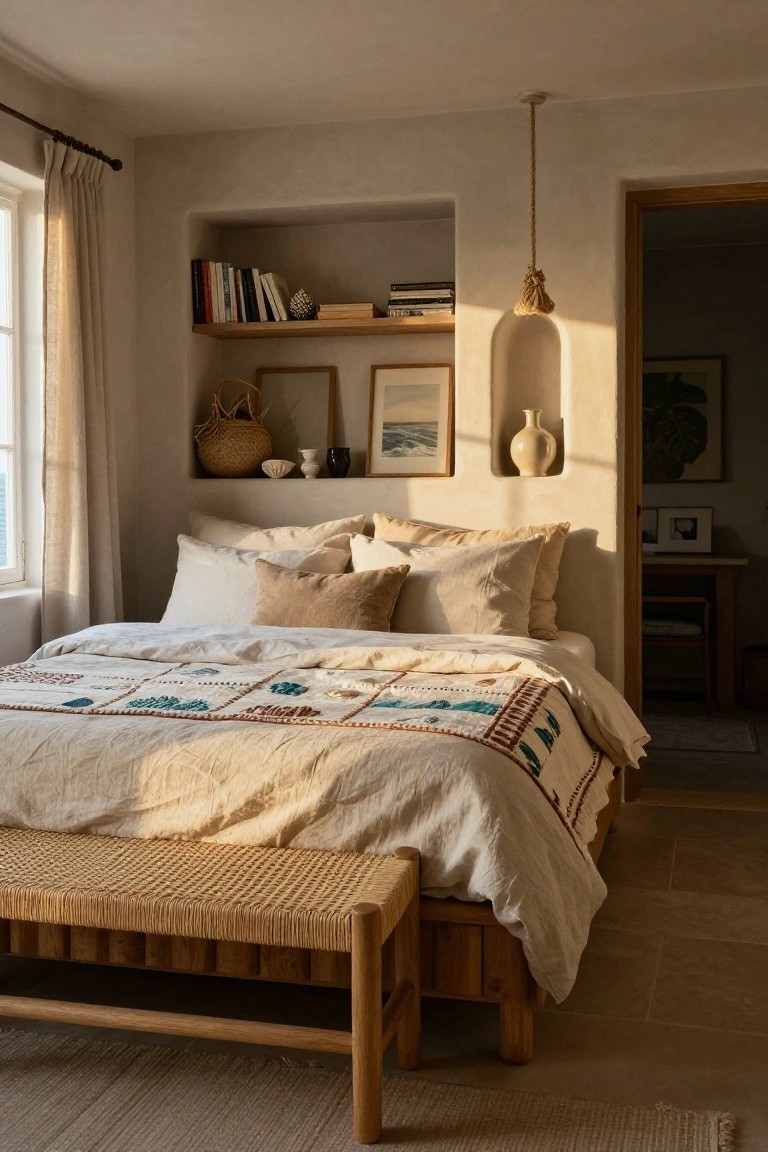 A bedroom with a bed in white linens and a patterned quilt, set below built-in wall shelves holding books, framed art, and woven items.