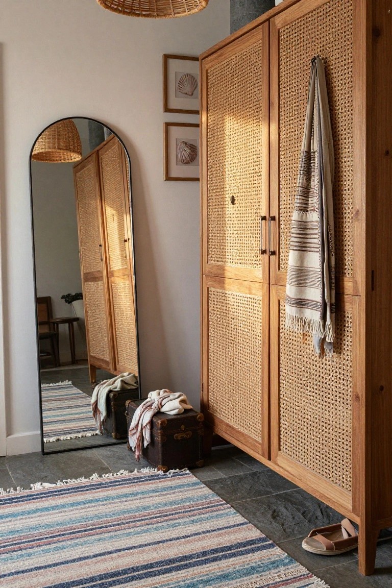 A tall wooden wardrobe with rattan cane doors stands beside an arched mirror on a stone floor with striped rugs.