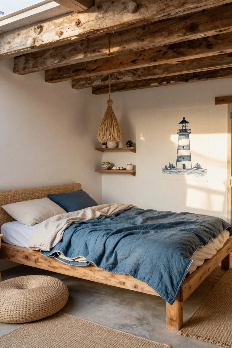 A bedroom interior showing a low wooden bed with blue and white bedding, exposed ceiling beams, a woven pendant light, wall shelves, and a lighthouse print on a white wall.