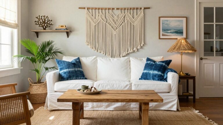 A bright living room with a white sofa, wooden coffee table on a jute rug, large macrame wall hanging, potted palm in a woven basket, and a framed ocean print on the wall.