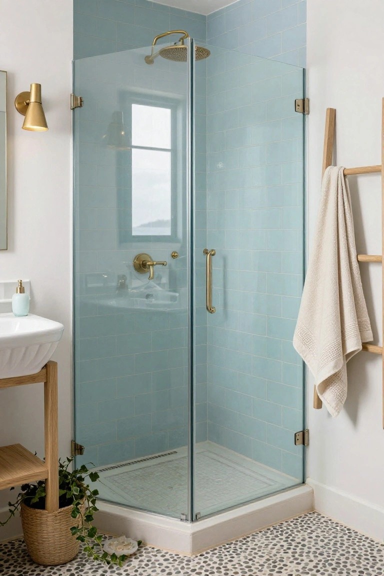 A bathroom interior showing a glass shower with light blue subway tiles, brass fixtures, a white sink on a wooden stand, and a pebble mosaic floor.
