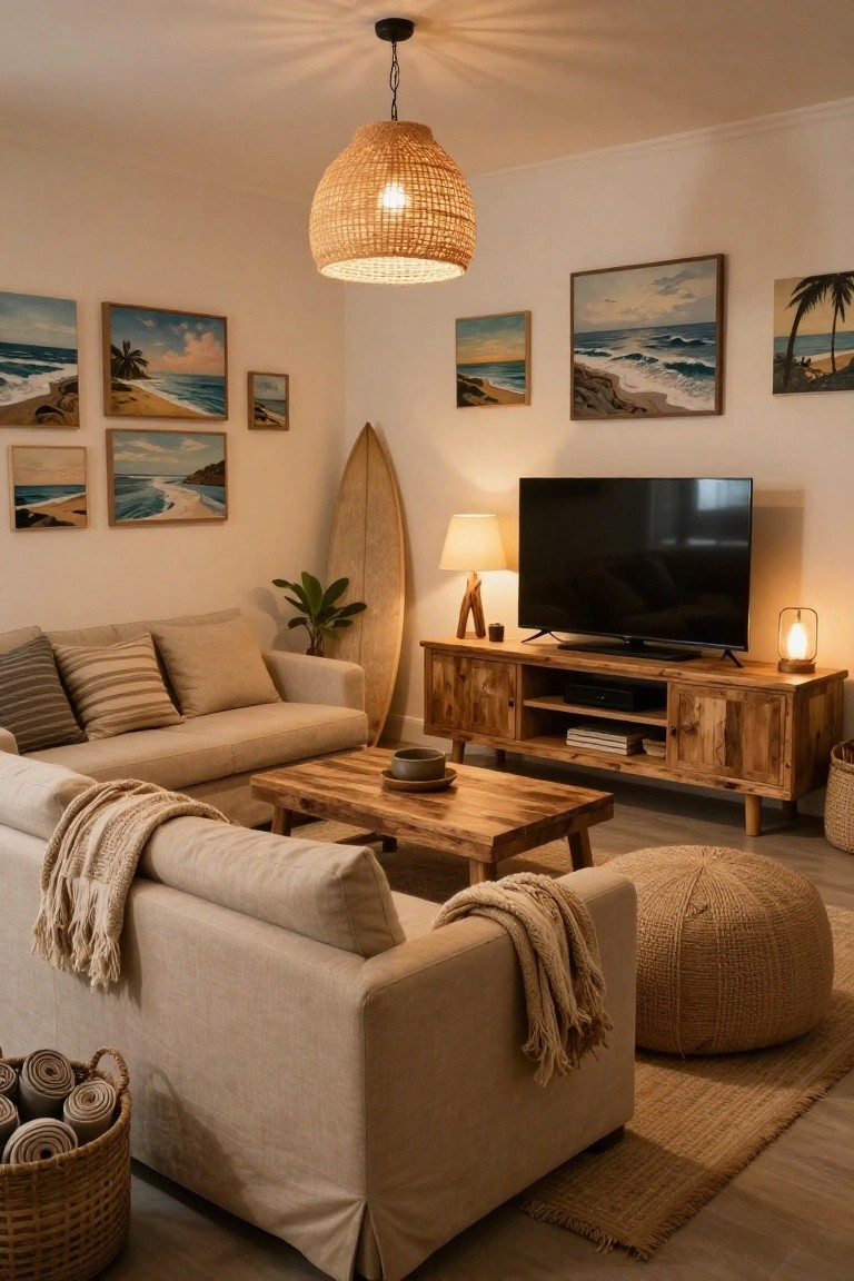 A living room with beige sofas, a wooden coffee table, a television on a wooden console, multiple framed beach paintings on white walls, a surfboard leaning in the corner, and a woven pendant light.