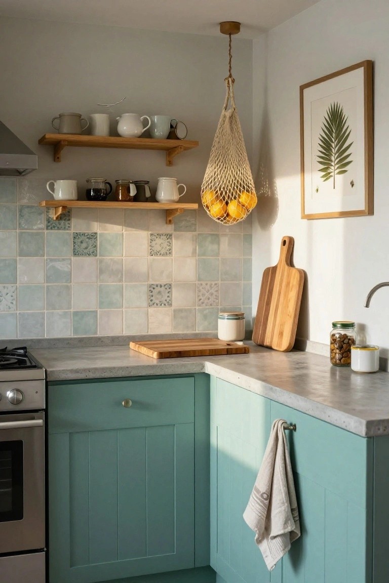 Cozy kitchen with teal cabinets, tiled backsplash, wooden shelves, and hanging oranges